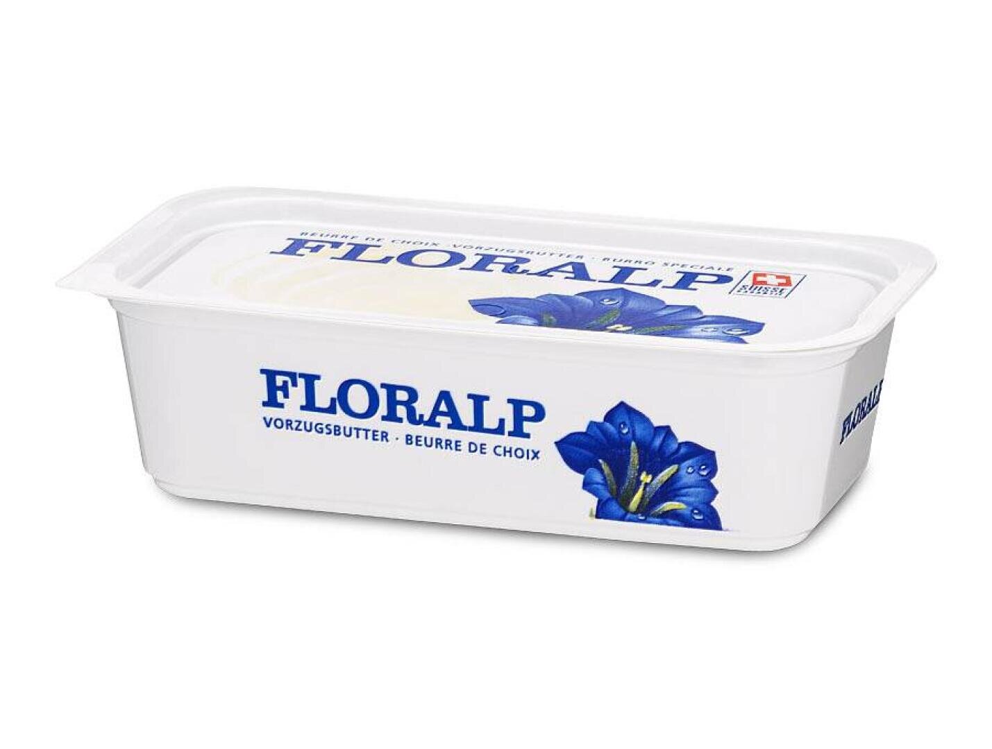 Ein rechteckiger weißer Becher mit FLORALP-Butter mit einer blauen Blumenillustration und blauem Text auf der Seite sowie deutscher und französischer Schrift und einem Schweizer Flaggensymbol auf dem Deckel.