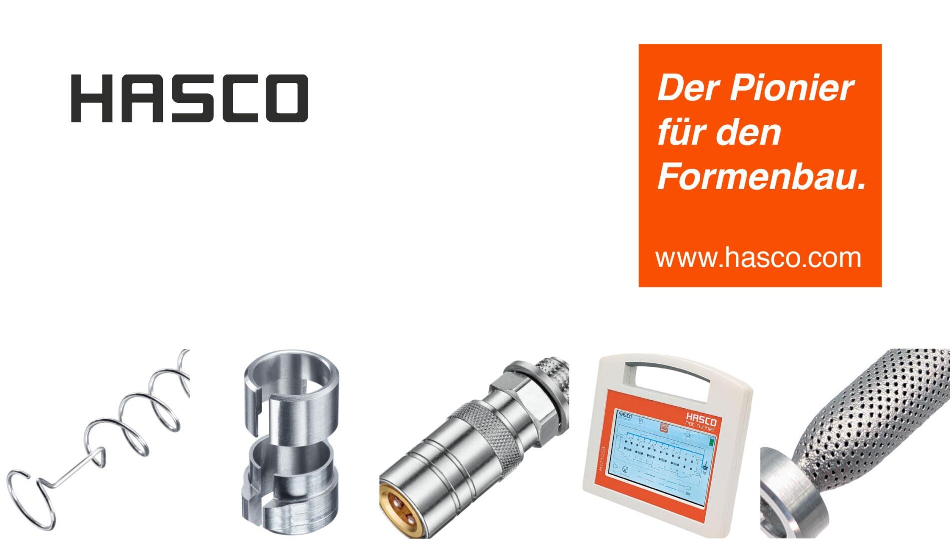 Logo HASCO avec différentes pièces métalliques et un appareil numérique représenté en dessous. Sur le côté droit, on peut voir une boîte orange avec une inscription blanche : Le pionnier de la construction de moules. www.hasco.com.