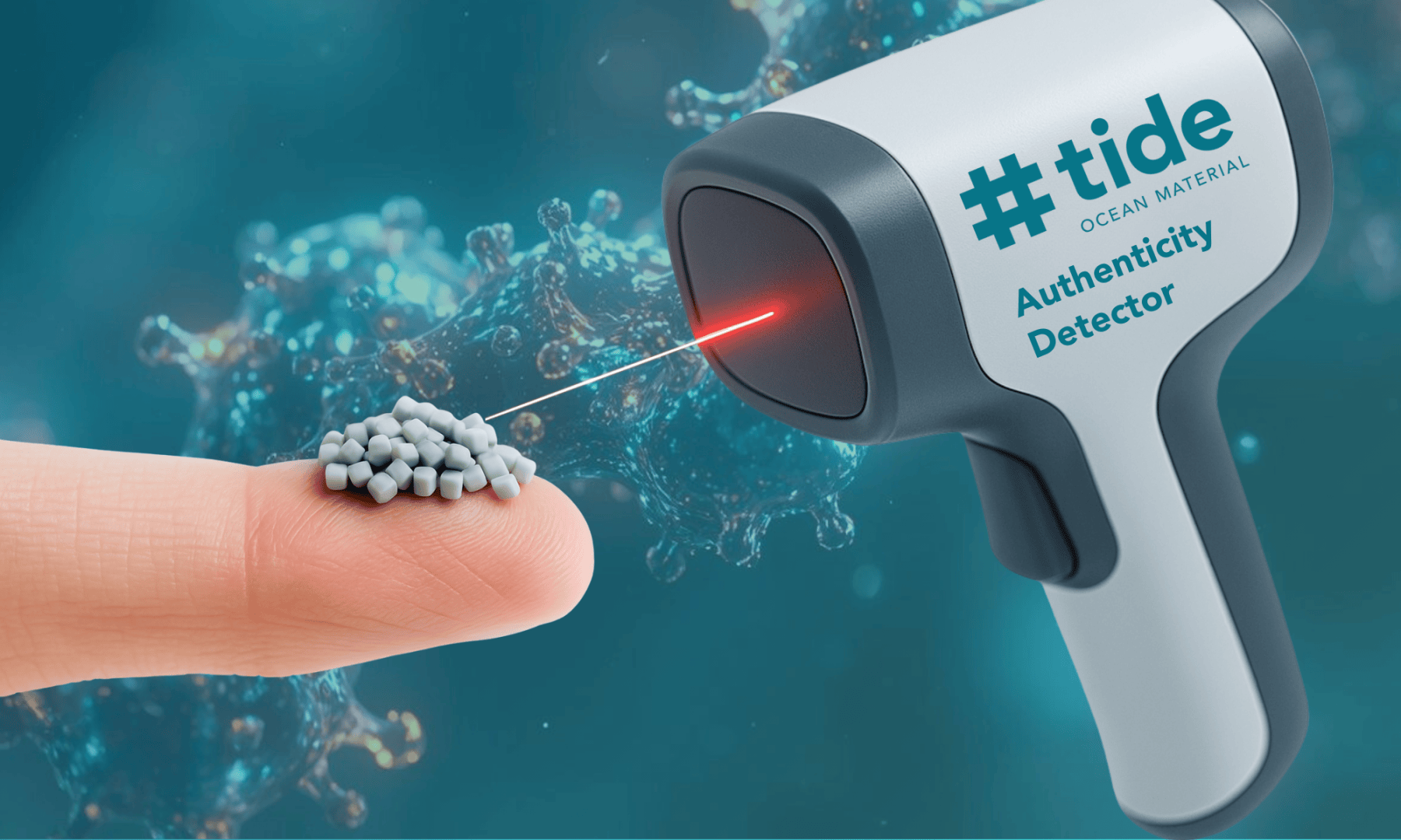 Un appareil portatif appelé "#tide Ocean Material Authenticity Detector" envoie un laser rouge sur de petites billes grises reposant sur le bout du doigt d'une personne, avec un fond moléculaire flou.