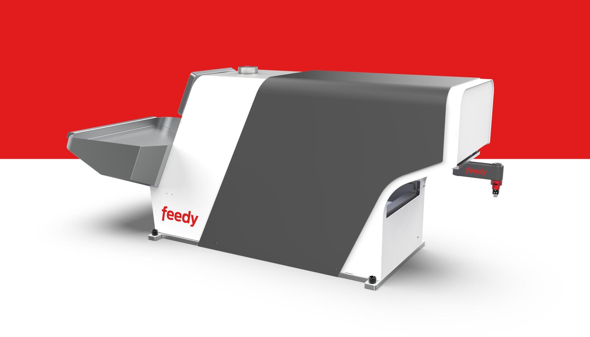 Eine moderne Industriemaschine mit grauem und weißem Äußeren vor rotem und weißem Hintergrund mit der Aufschrift feedy. Die Maschine verfügt über ein seitliches Tablett und einen kleinen, angebrachten Spender.