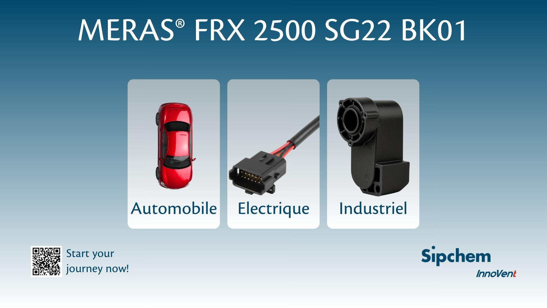 Applications MERAS FRX 2500 SG22 BK01 : voiture-jouet rouge pour automobiles, connecteur électrique étiqueté Electrique, et composant industriel noir étiqueté Industriel. Les logos Sipchem et Innovent sont représentés.