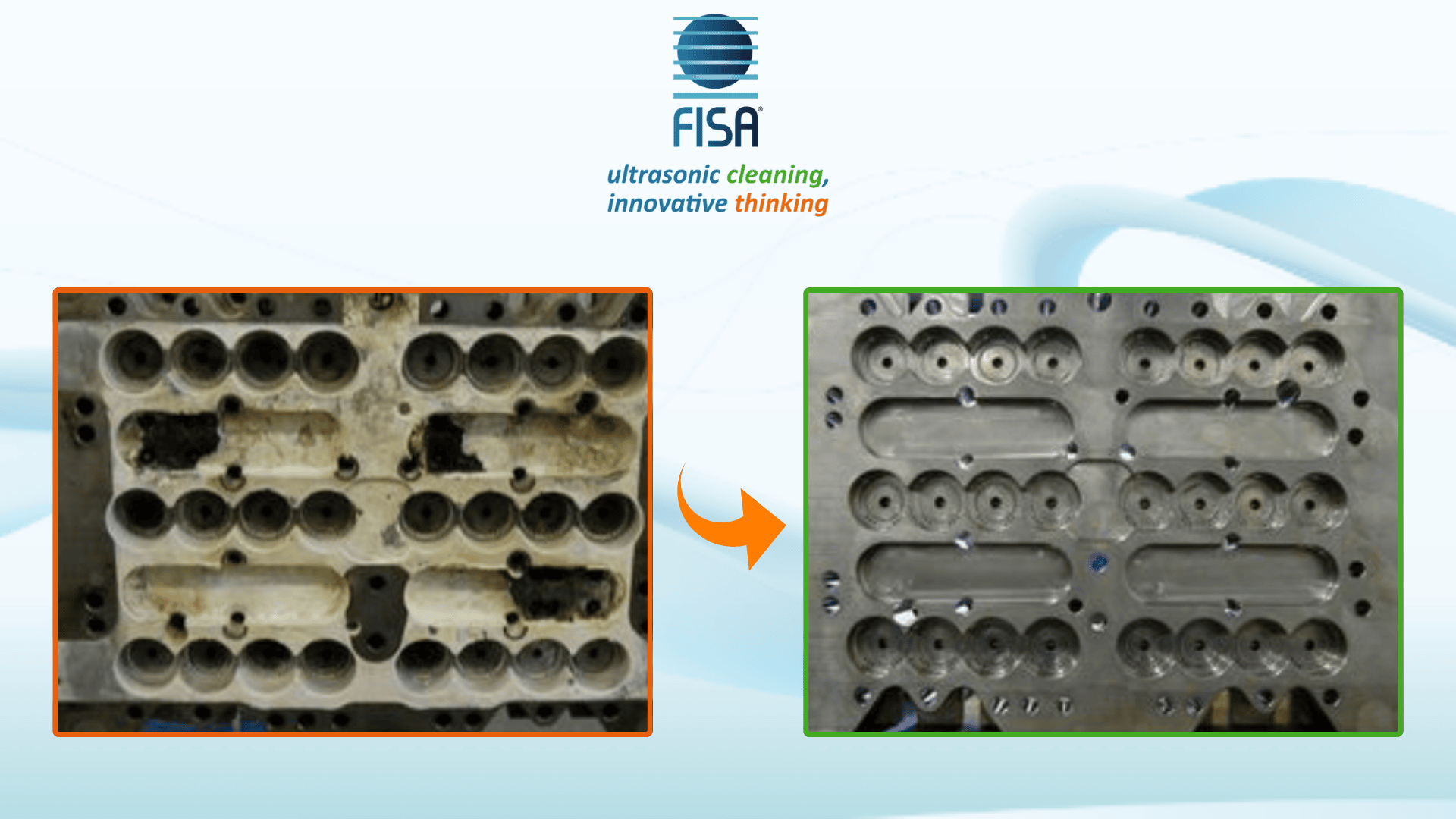 Deux images d'une pièce métallique, côte à côte : l'image de gauche montre la pièce sale et corrodée, tandis que l'image de droite la montre propre et restaurée. Une flèche orange pointe de la pièce sale vers la pièce propre. Logo et slogan de la FISA en haut.