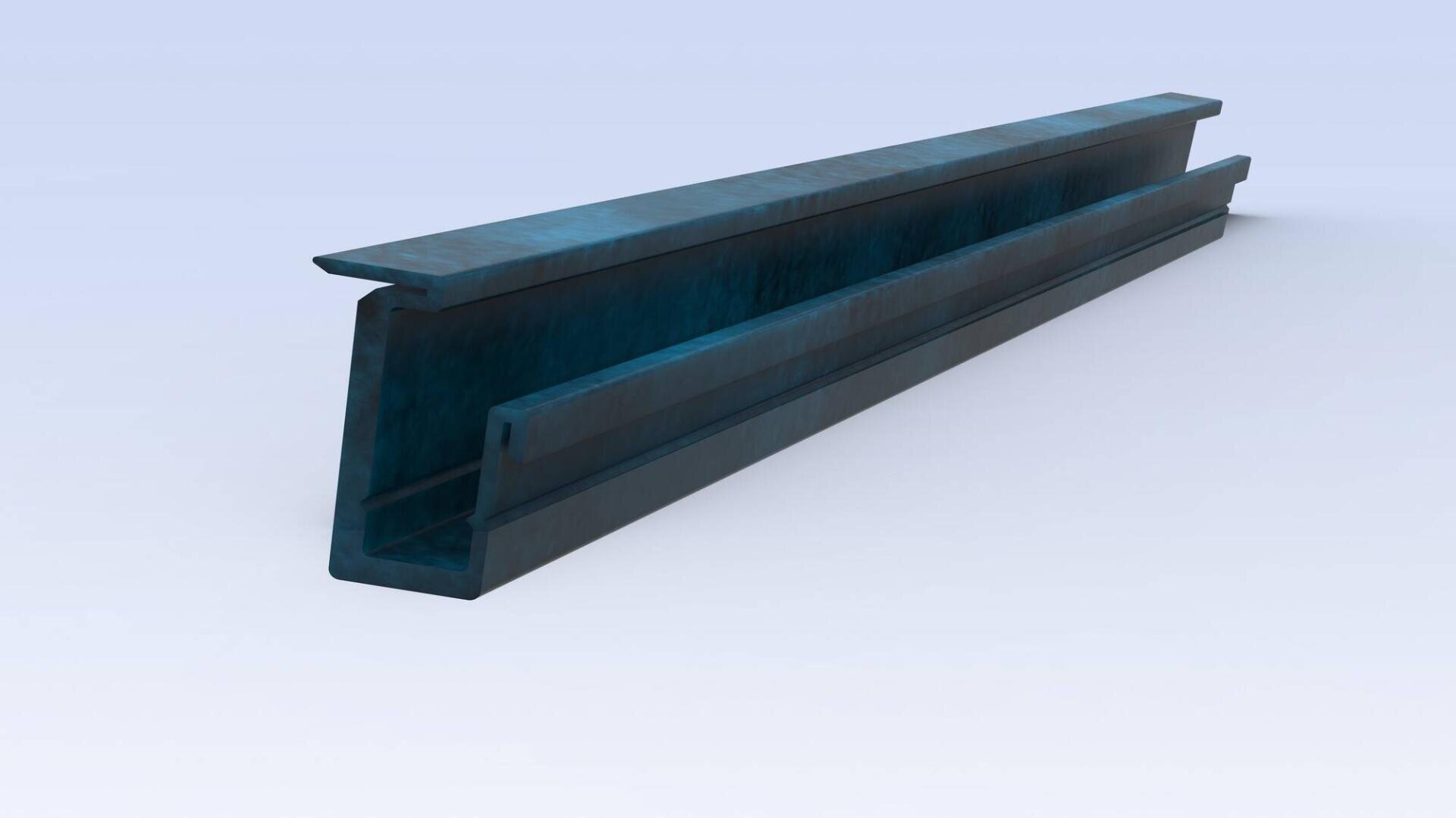 Ein blauer I-Träger aus Stahl mit horizontalem Flansch und vertikalem Steg, dargestellt auf einem Hintergrund mit hellem Farbverlauf, schräg gestellt für eine dreidimensionale Perspektive.