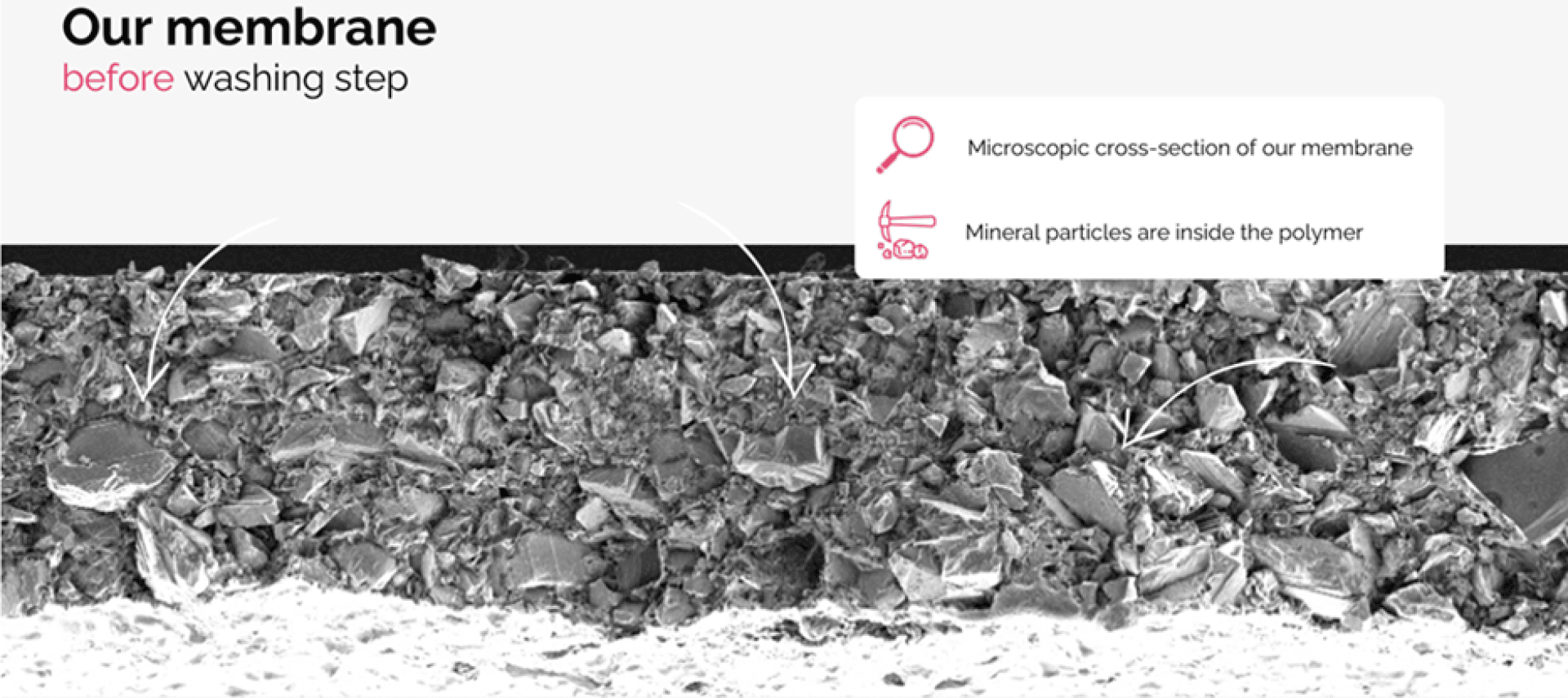 Mikroskopischer Querschnitt einer Membran vor dem Waschen. Er zeigt dichte, unregelmäßige Mineralpartikel, die in die Polymerschicht eingebettet sind. Die Etiketten heben die Mineralien im Inneren des Polymers hervor.