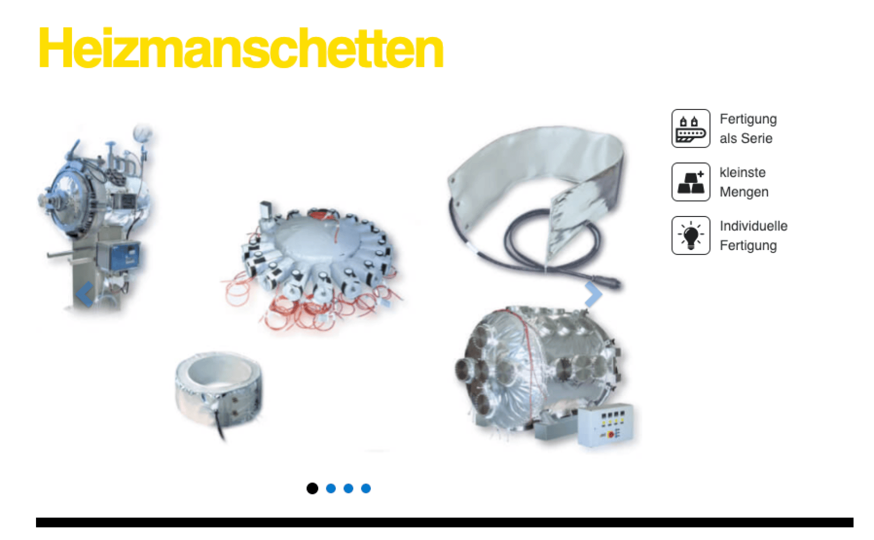 Verschiedene industrielle Heizmäntel und Heizelemente werden mit Symbolen vorgestellt, die auf Massenproduktion, kleine Mengen und Optionen für Sonderanfertigungen hinweisen. Der Titel Heizmanschetten erscheint in fetter gelber Schrift.