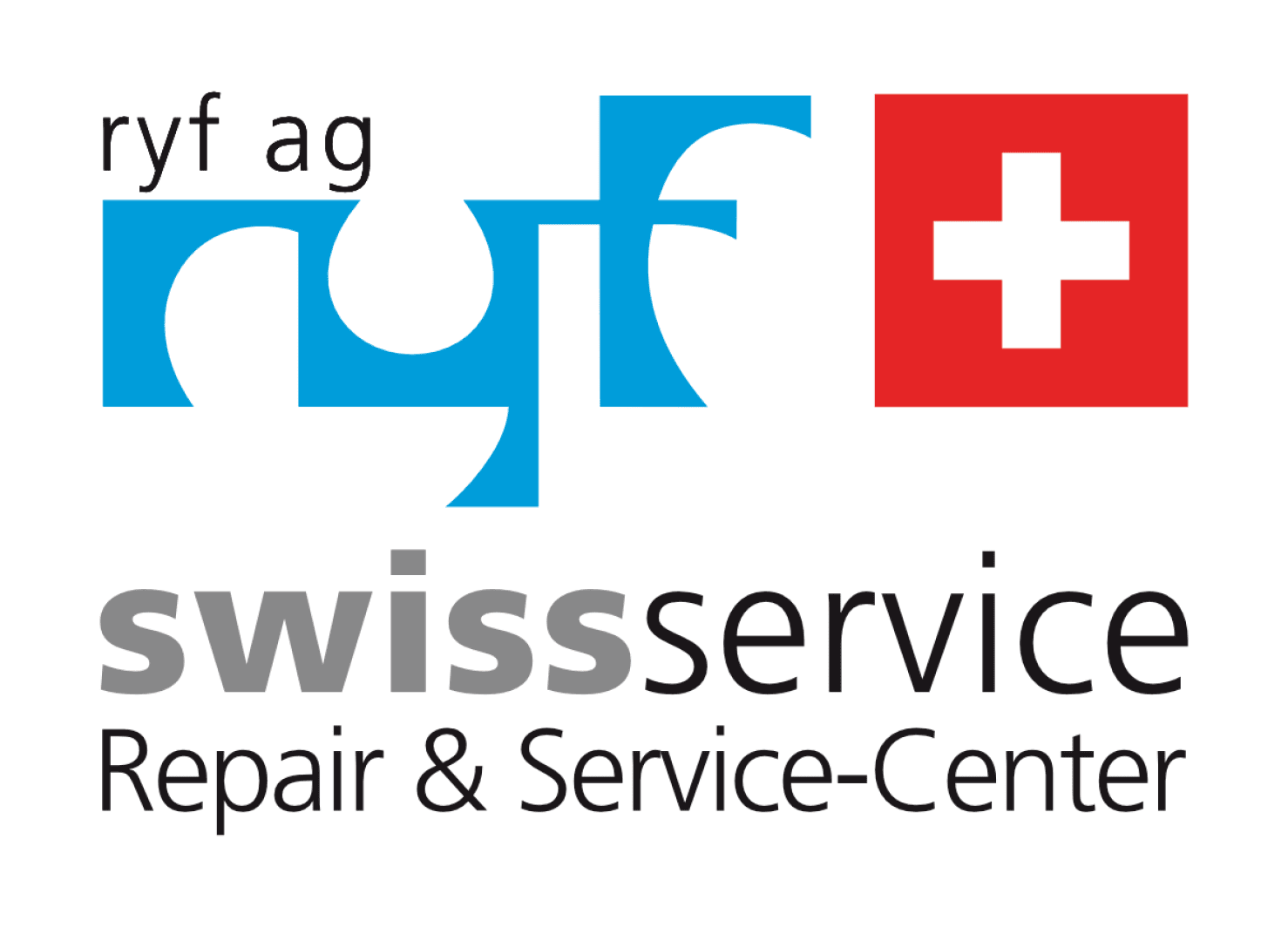 Logo pour ryf sa swissservice Repair & Service-Center avec des lettres bleues stylisées ryf et un carré rouge avec une croix blanche représentant la Suisse.