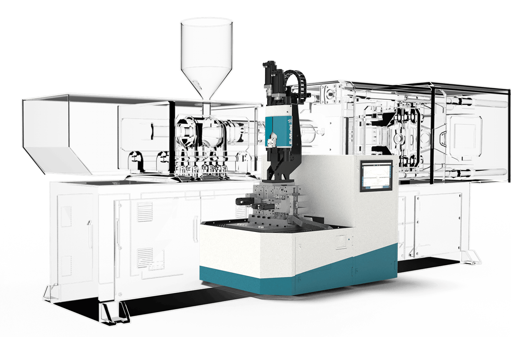 Eine moderne industrielle Spritzgießmaschine mit einem digitalen Bedienfeld, einem teilweise transparenten Gehäuse und sichtbaren internen Komponenten auf weißem Hintergrund.