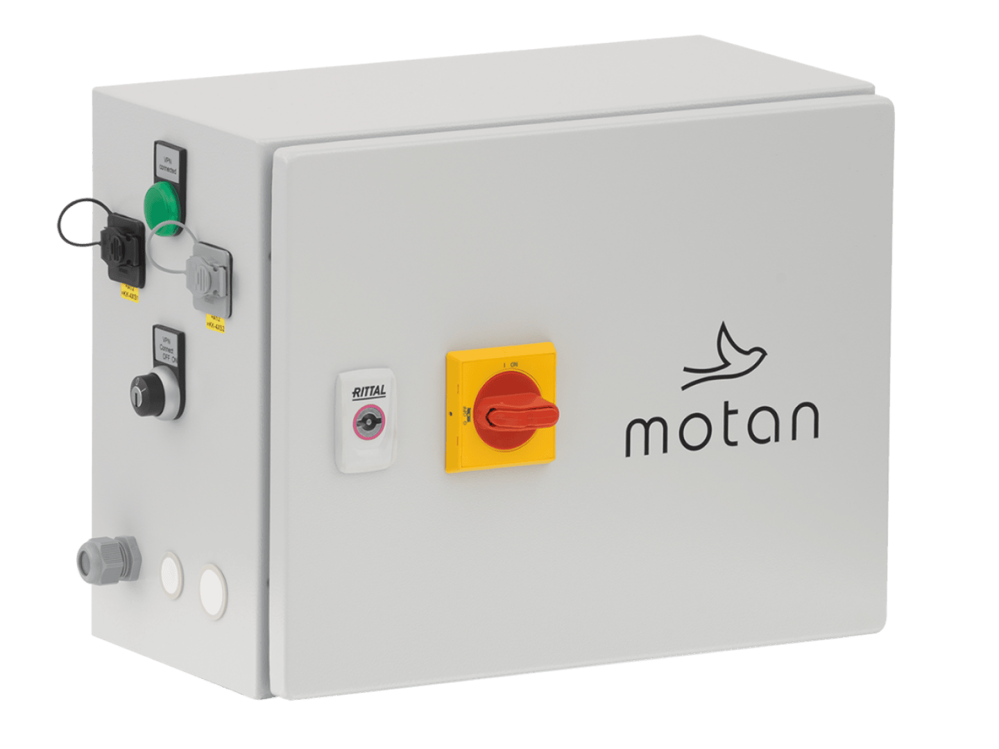 Eine graue industrielle Schalttafel mit dem motan-Logo und einer Vogelgrafik, einem gelben und roten Drehschalter, einem weißen Knopf mit der Aufschrift RITTAL und verschiedenen Anschlüssen und Schaltern an der Seite.