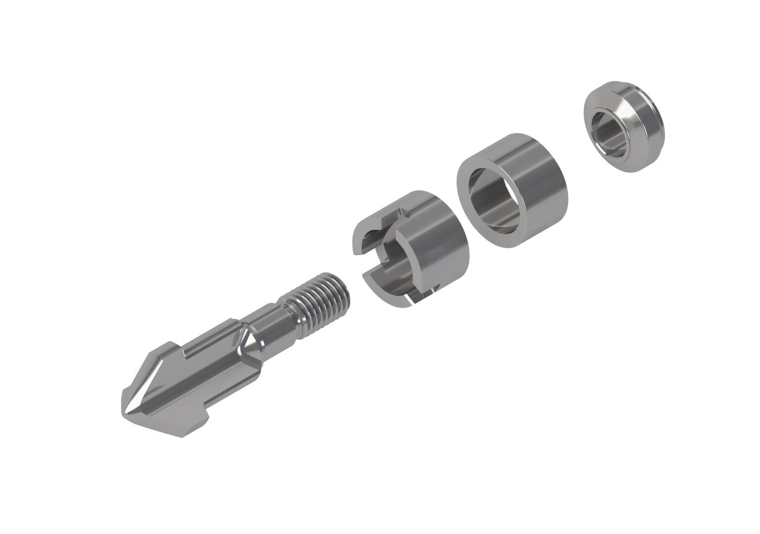 Ein 3D-gerendertes Bild einer metallischen mechanischen Baugruppe mit vier separaten, in einer Reihe angeordneten Teilen, darunter eine spitze Schraube und drei zylindrische Komponenten unterschiedlicher Größe.
