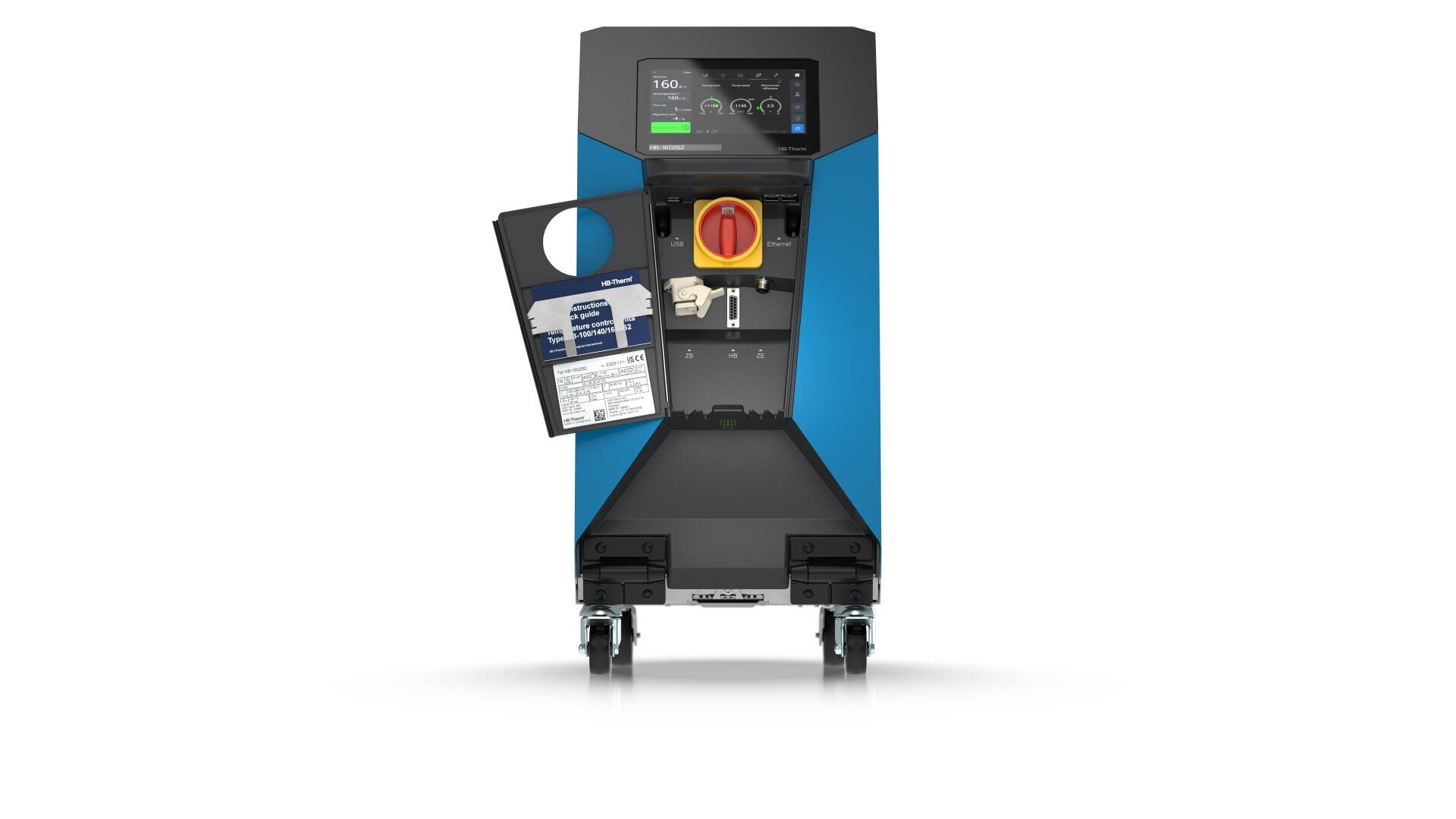 Vorderansicht einer Industriemaschine auf Rädern mit einem digitalen Bildschirm an der Oberseite und einer geöffneten Schalttafel, die einen großen roten Schalter, eine Verkabelung und Informationsschilder zu den Geräten im Inneren zeigt.