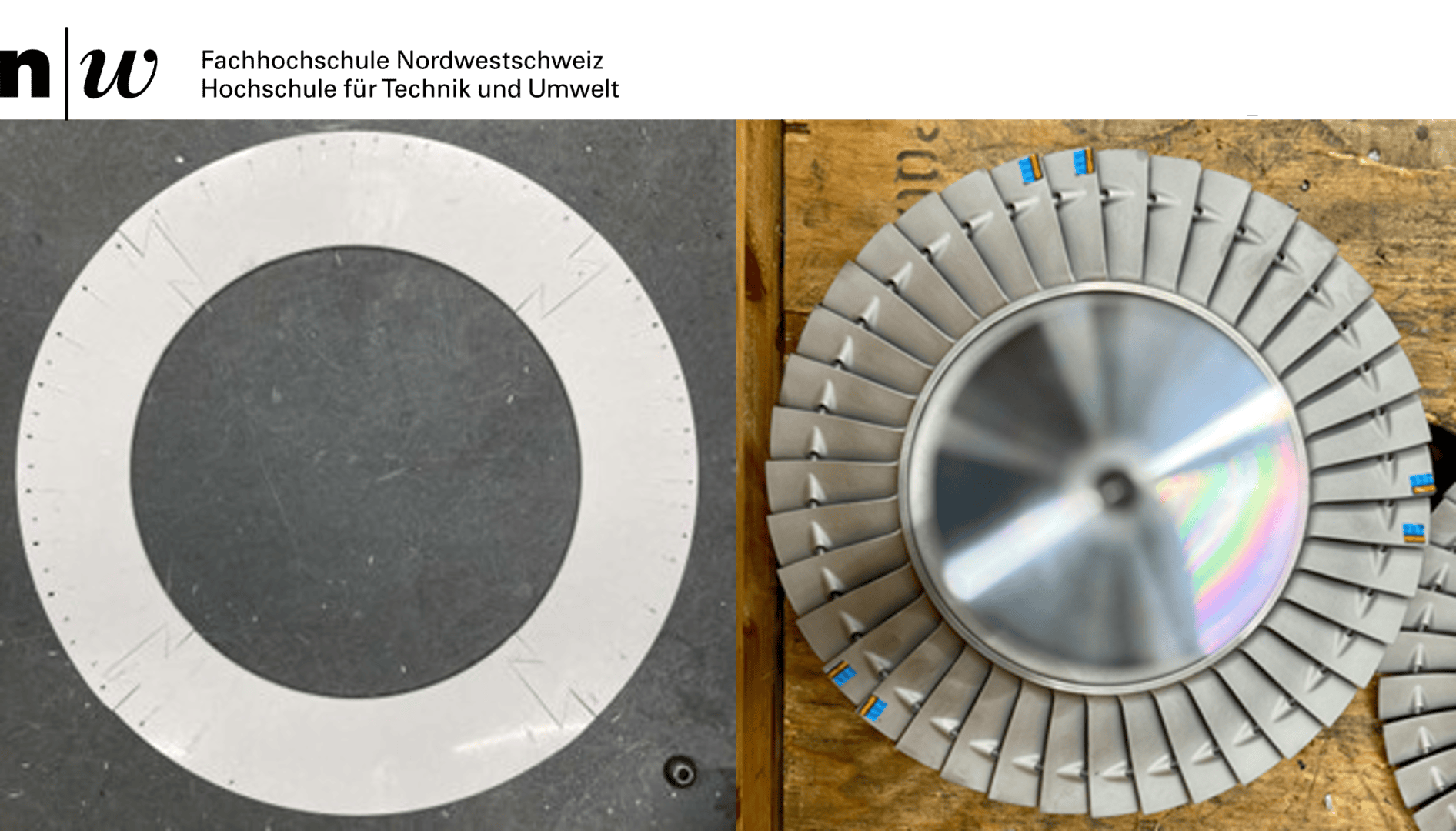 Ein weißer Ring mit Kerben sitzt auf einer grauen Fläche (links), daneben ein turbinenähnliches Metallteil mit gleichmäßig verteilten Schaufeln auf einer Holzfläche (rechts). Oben erscheinen ein Logo und ein deutscher Text.