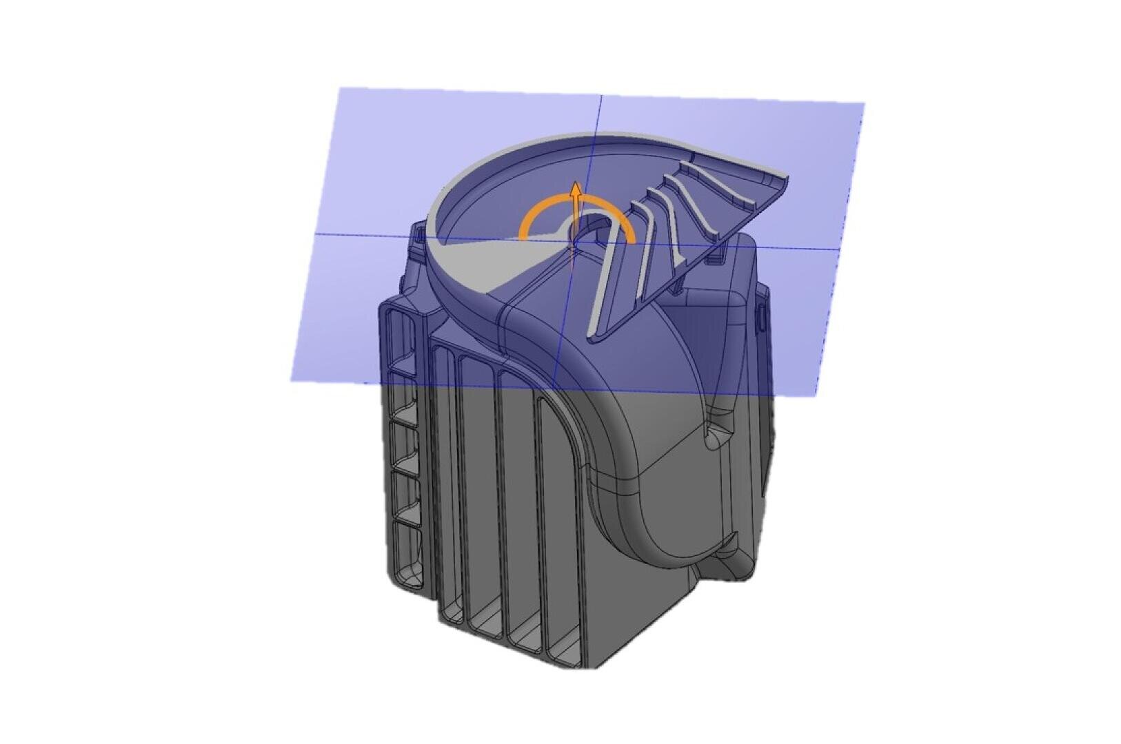 3D-Modell eines mechanischen Bauteils mit einem spiralförmigen Element, das von einer durchsichtigen violetten Ebene durchschnitten wird. Das Objekt verfügt über vertikale Stützen, und der aufgeschnittene Bereich gibt den Blick auf innere Details frei.
