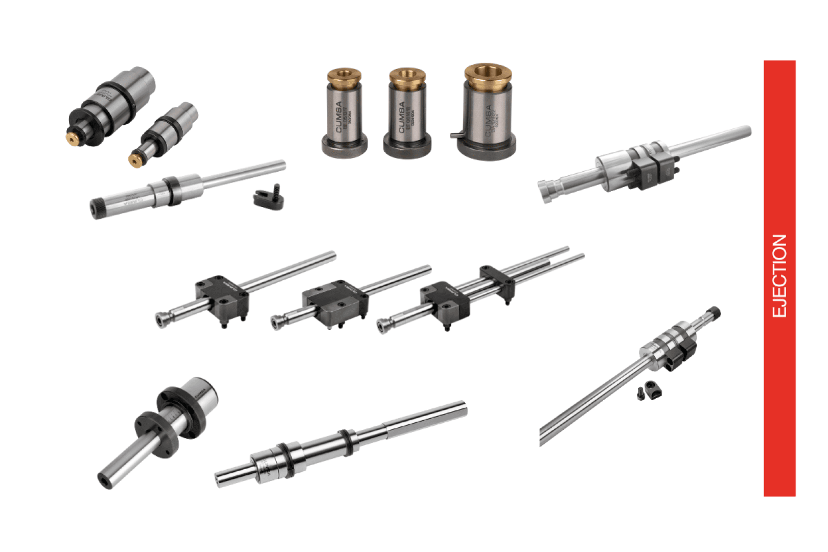 Différents composants métalliques d'éjection, dont des barres, des cylindres et des douilles, sont disposés sur un fond blanc avec une barre verticale rouge portant l'inscription EJECTION sur le côté droit.