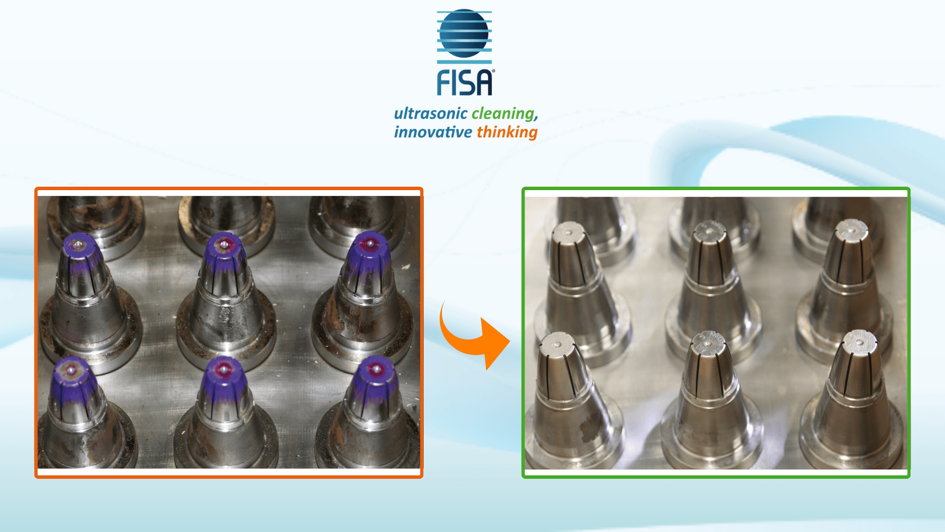 Deux images côte à côte montrent des pièces métalliques avant et après le nettoyage ; l'image de gauche montre des pièces sales avec des résidus violets, et l'image de droite montre les mêmes pièces propres et brillantes. Logo et slogan de la FISA en haut.