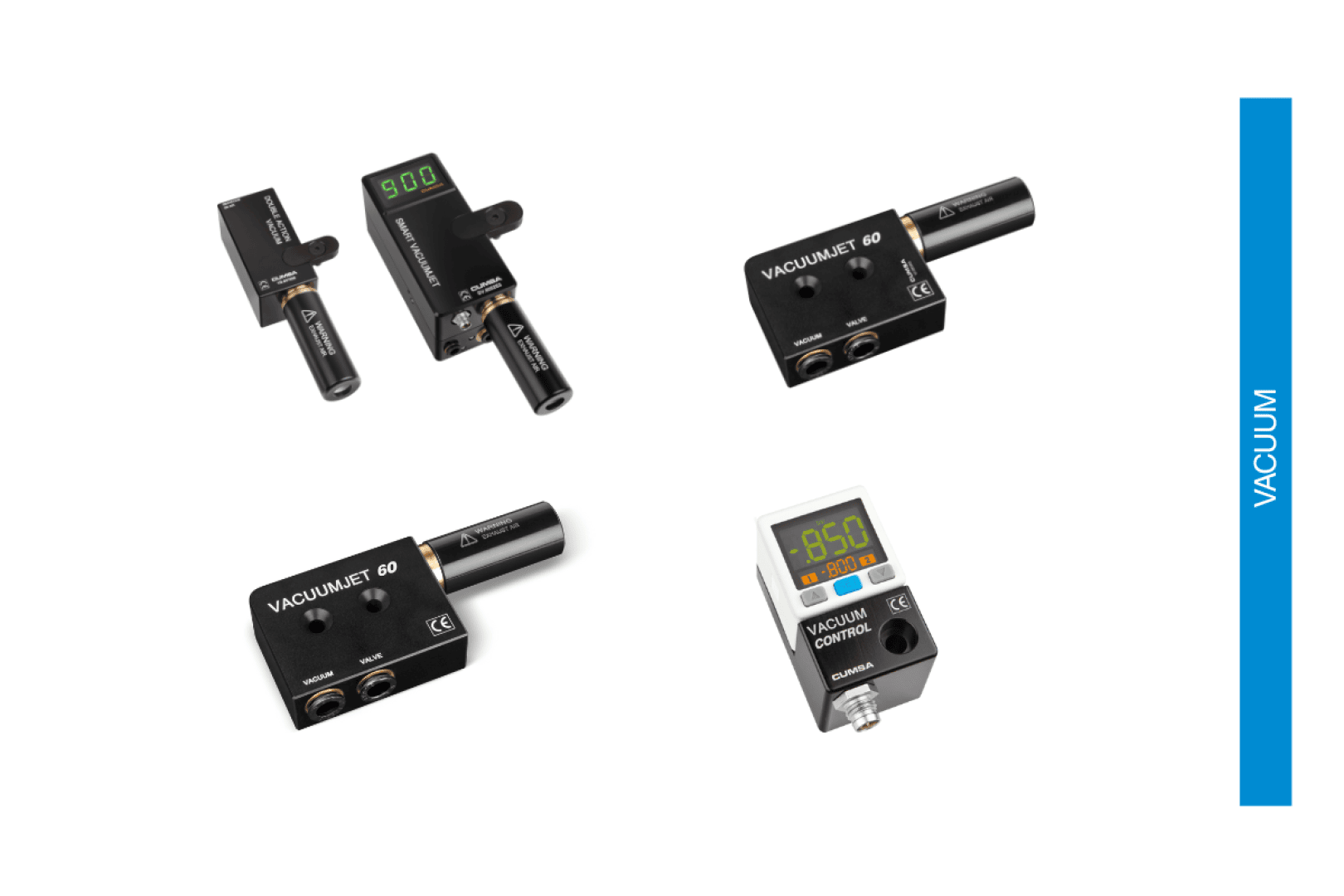 Quatre vacuomètres numériques noirs avec indicateurs LED sont représentés sur un fond blanc. Une bande verticale bleue sur le côté droit affiche le mot VACUUM en blanc.