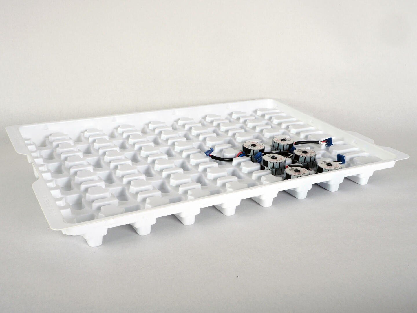 Ein weißes Kunststofftablett mit einem Gitter aus erhabenen Fächern, das mehrere kleine zylindrische Metallobjekte mit Drähten enthält, die in der Nähe einer Ecke platziert sind.