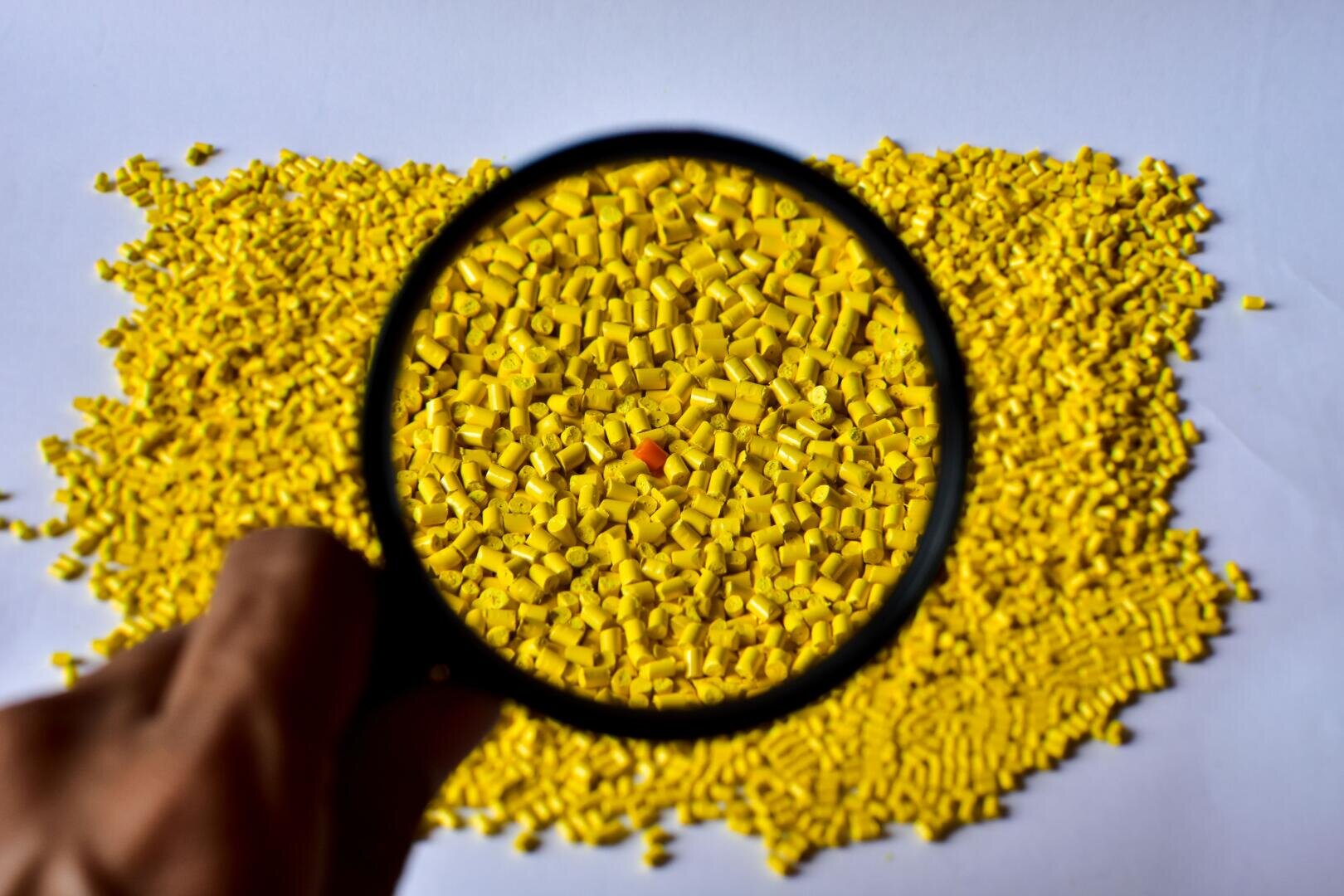 Eine Hand hält ein Vergrößerungsglas über einen Haufen gelber Plastikkügelchen und hebt ein einzelnes orangefarbenes Kügelchen auf weißem Hintergrund hervor.