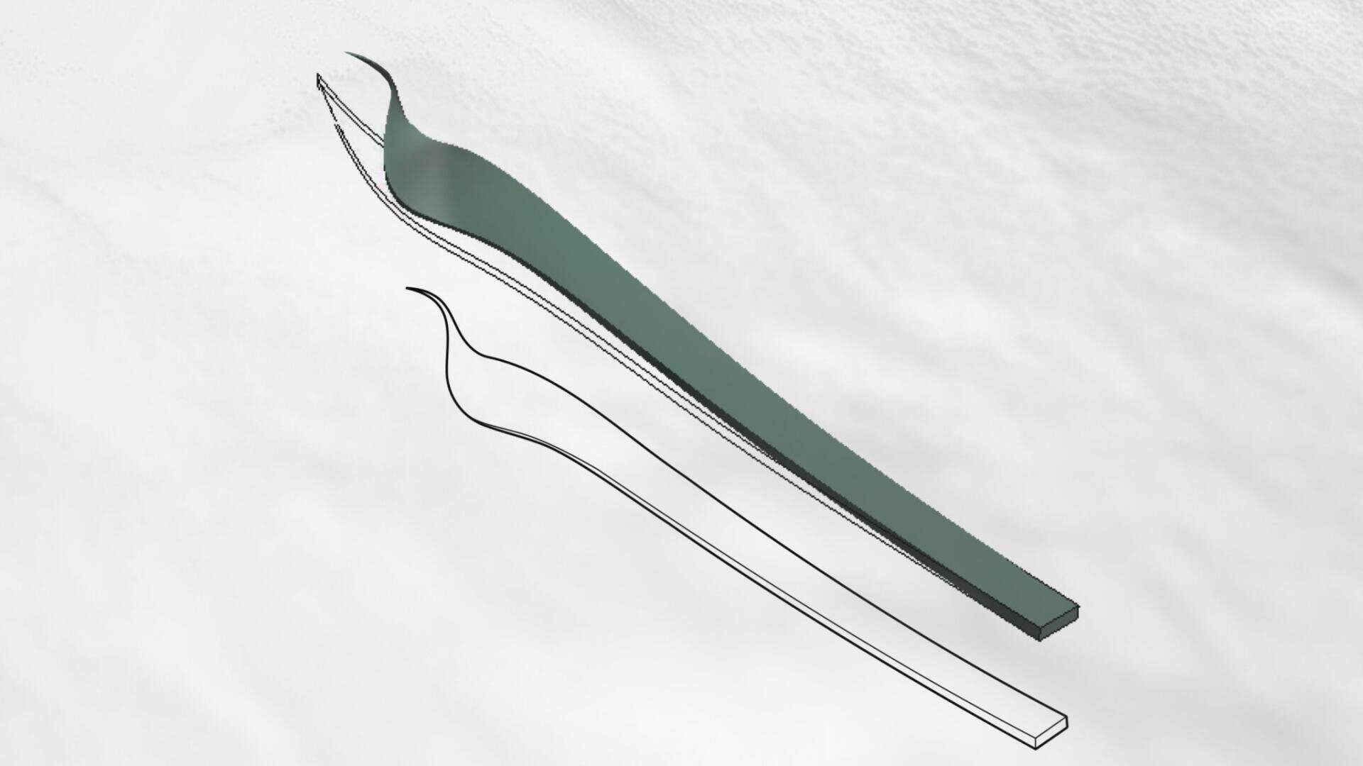 Gezeigt wird eine 3D-Darstellung eines langen, schlanken und leicht gekrümmten Objekts, begleitet von zwei Strichzeichnungen der gleichen Form in unterschiedlichen Ausrichtungen auf einem weißen, strukturierten Hintergrund.