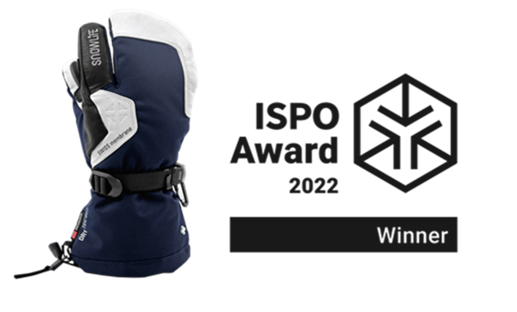 Ein blau-weißer Winterhandschuh mit schwarzer Schnalle ist neben dem Logo des ISPO Award 2022 Winner auf hellem Hintergrund abgebildet.
