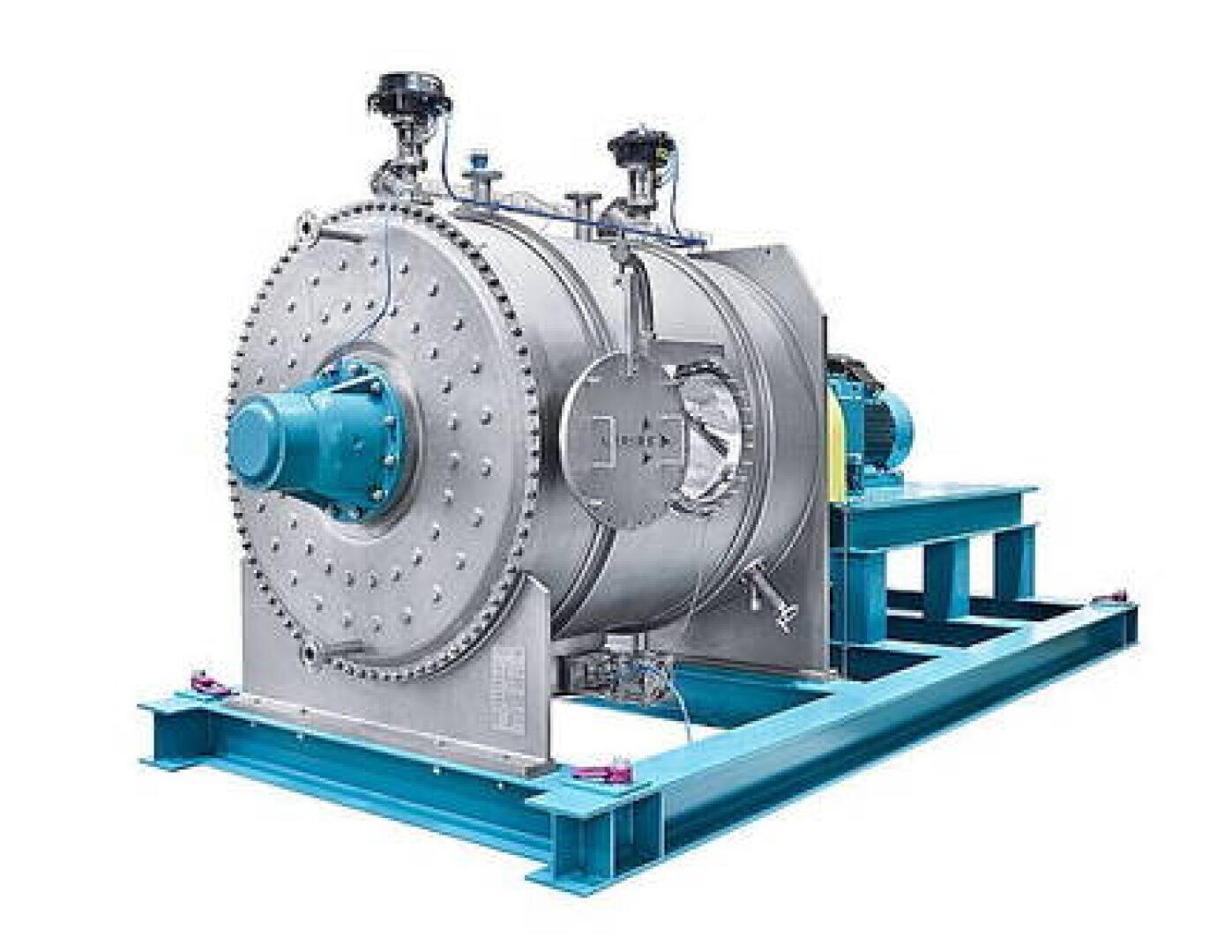 Séchoir industriel à tambour rotatif avec un extérieur métallique, une grande chambre cylindrique, une trappe d'accès, des vannes de contrôle sur le dessus et monté sur un cadre en acier bleu, conçu pour le traitement de produits en vrac.