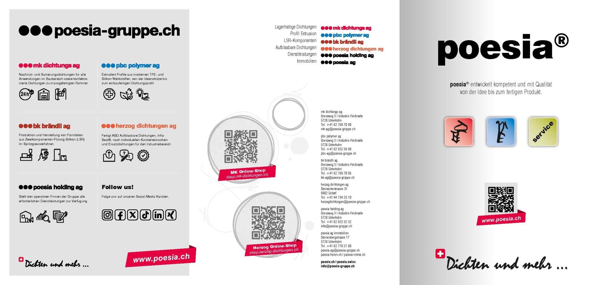 Eine dreifaltige Broschüre mit Text und Icons für poesia-gruppe.ch und poesia-Produkte. Sie enthält Markennamen, QR-Codes, Kontaktinformationen und Icons für verschiedene Dienstleistungen und Produktkategorien.