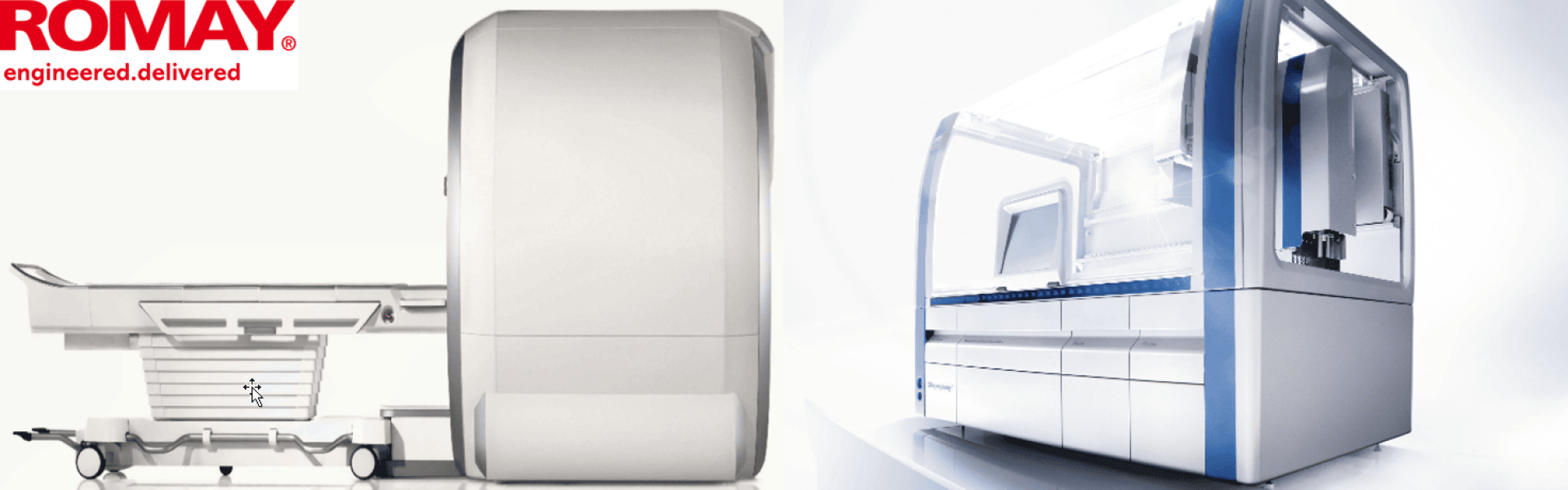 Ein eleganter, moderner medizinischer Scanner und ein futuristisches Diagnosegerät sind nebeneinander abgebildet; links ein Patientenbett und ein großes zylindrisches Gerät, rechts ein gläsernes Hightech-Gerät. Das ROMAY-Logo befindet sich oben links.