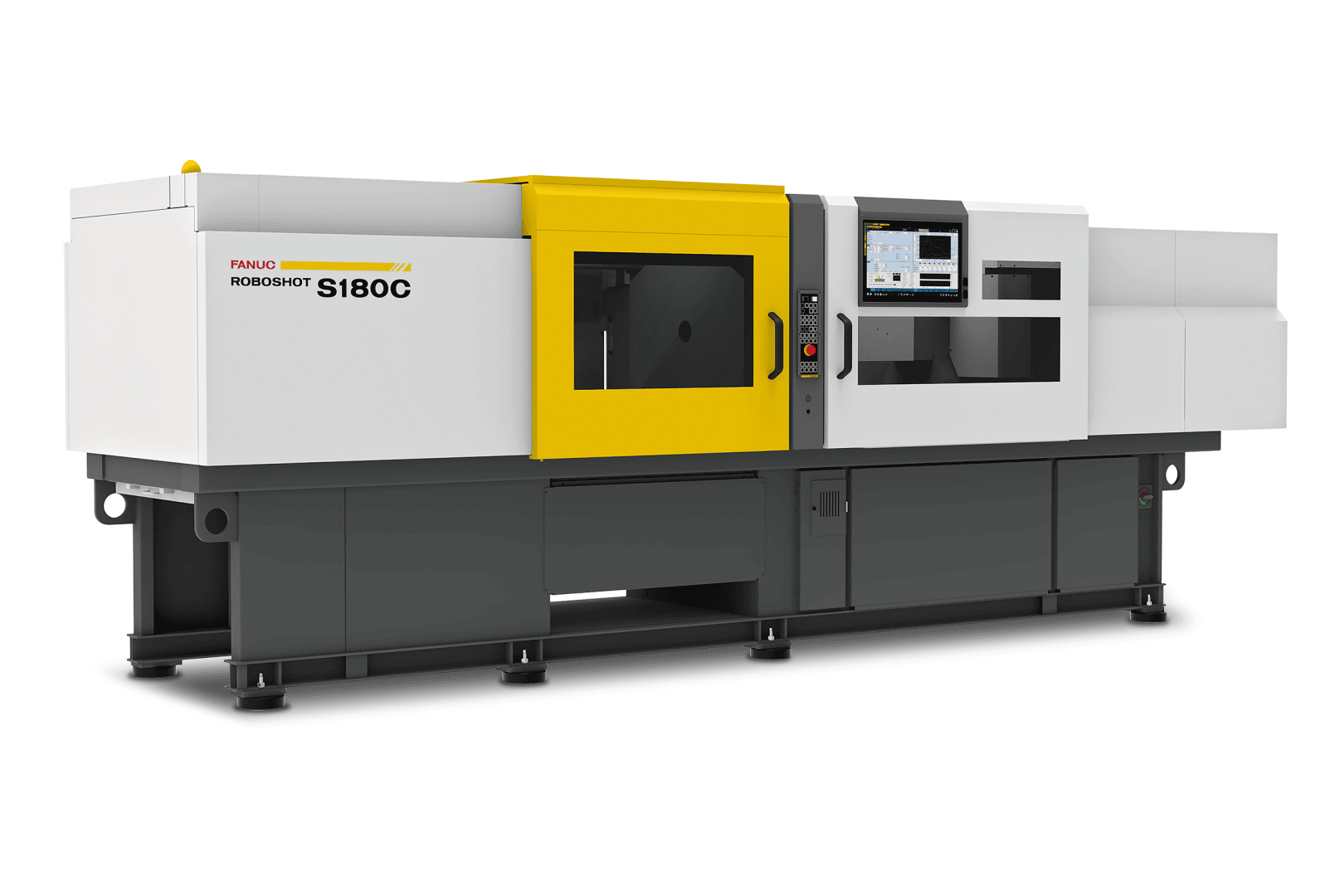 Eine FANUC ROBOSHOT S180C Spritzgießmaschine mit einem weiß-gelben Äußeren, mit einem Bedienfeld und einem Bildschirm auf der rechten Vorderseite.