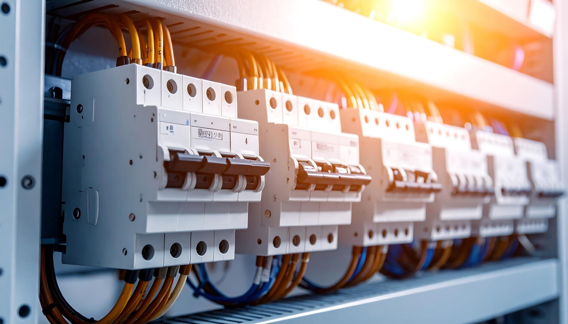 Nahaufnahme von mehreren Leistungsschaltern und elektrischen Leitungen in einer Schalttafel, wobei das Sonnenlicht von rechts oben einfällt.