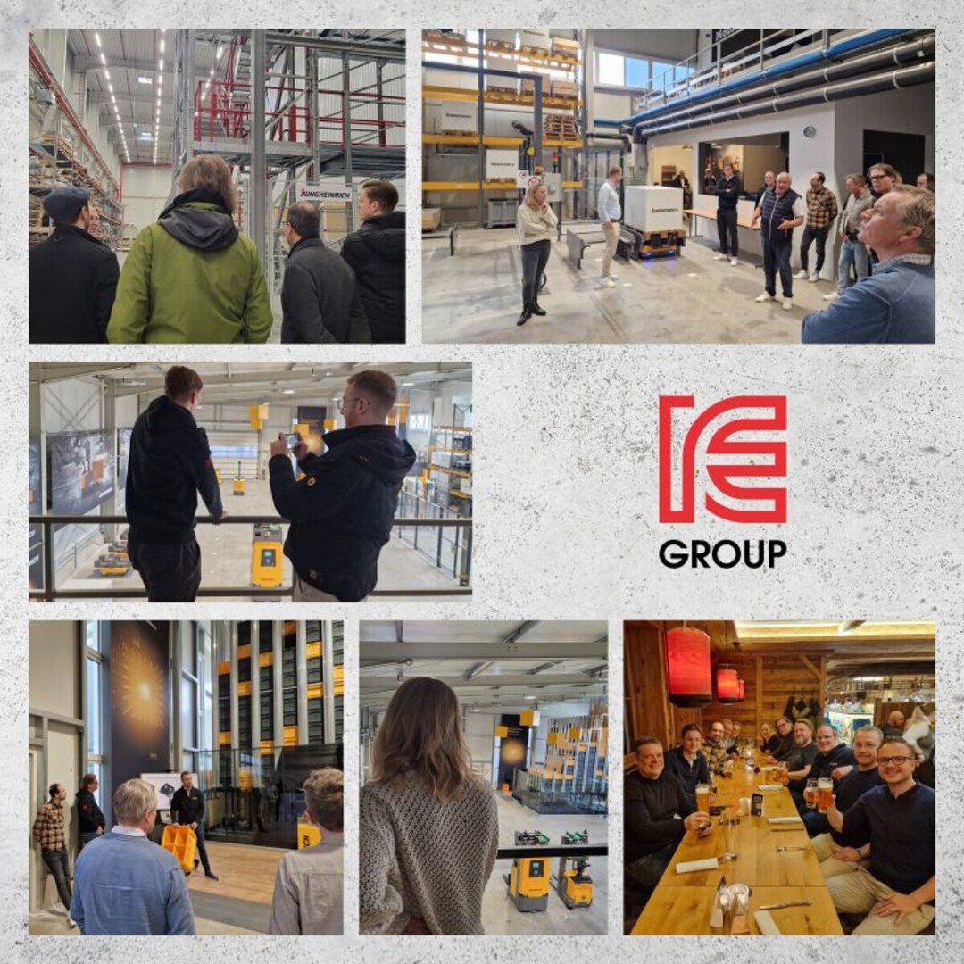 Eine Fotocollage zeigt Menschen, die ein modernes Lagerhaus besichtigen, sich unterhalten und gemeinsam Getränke genießen. Das rote Logo der RE Group ist auf einem weißen, strukturierten Hintergrund zentriert.