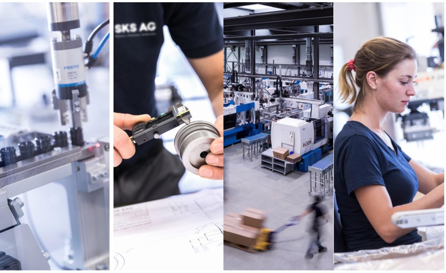 Eine Collage, die Folgendes zeigt: Nahaufnahme von Industriemaschinen, Hände, die ein Metallteil messen, ein unscharfes Lagerhaus mit Geräten und sich bewegenden Arbeitern und eine Frau, die eine Maschine in einer Fabrikumgebung bedient.