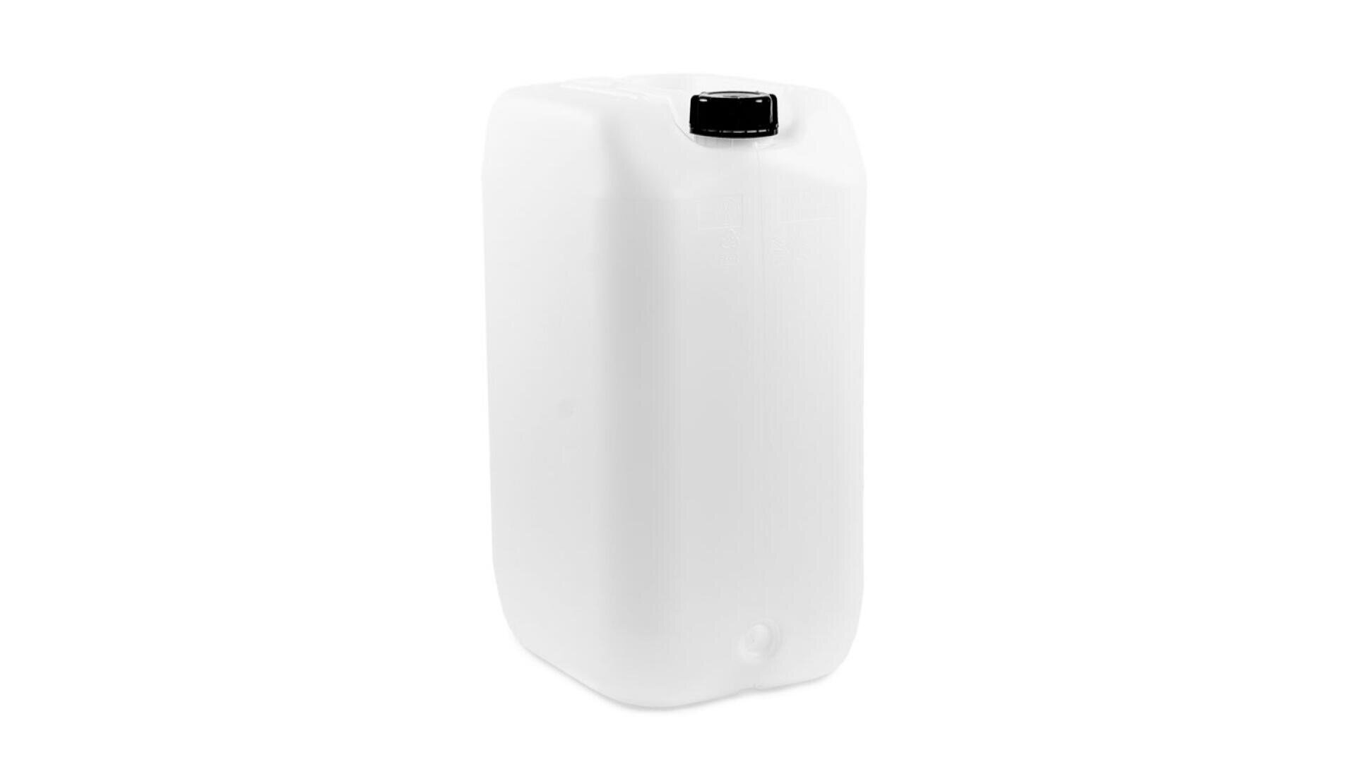 Un grand récipient rectangulaire en plastique blanc, surmonté d'un bouchon à vis noir, sur un fond blanc uni.