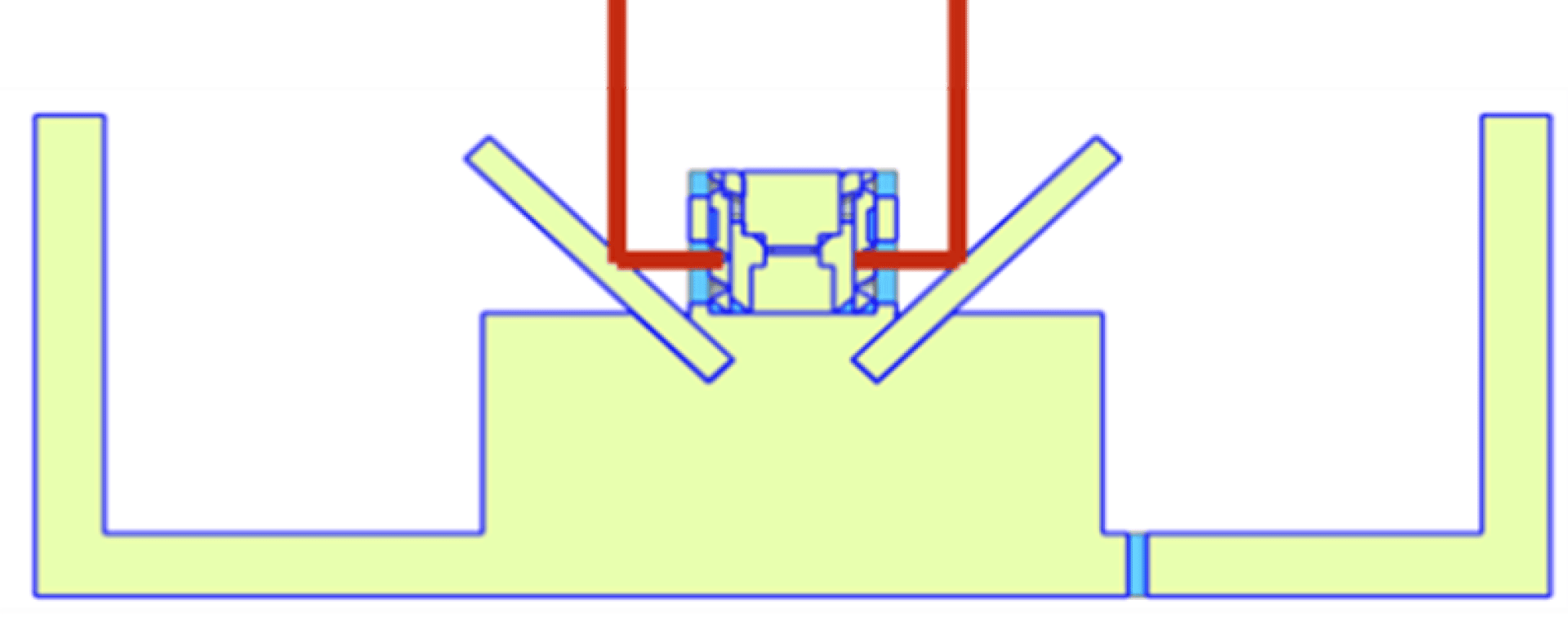 Eine technische Zeichnung zeigt den Querschnitt einer mechanischen Baugruppe mit blauen und roten Linien, mit abgewinkelten Bauteilen und einem hervorgehobenen gelben Abschnitt an der Basis.