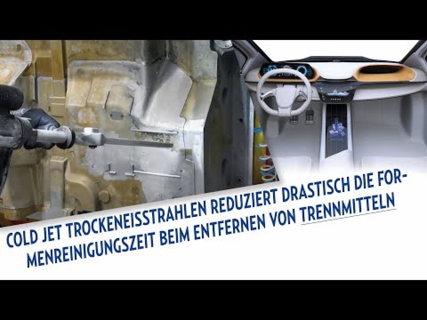 Ein geteiltes Bild zeigt eine Person, die einen Autoinnenraum mit Trockeneis reinigt. Ein deutscher Text überlagert das Bild und erklärt, dass die Methode die Reinigungszeit beim Entfernen von Trennmitteln erheblich verkürzt.