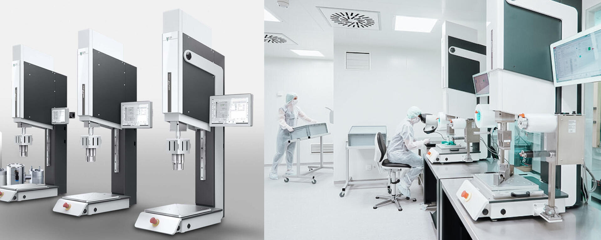 Auf der linken Seite sind drei Ultraschallschweißmaschinen zu sehen, und auf der rechten Seite bedienen Mitarbeiter in Laborkitteln und Haarnetzen ähnliche Maschinen in einer sauberen, weißen Laborumgebung mit Computern und Geräten.