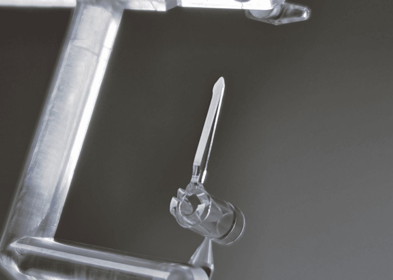 Eine Nahaufnahme eines transparenten Kunststoffmodellbausatzteils, das an einem Anguss befestigt ist, mit einem kleinen, spitzen Teil, das vor einem einfarbigen Hintergrund hervorsticht.