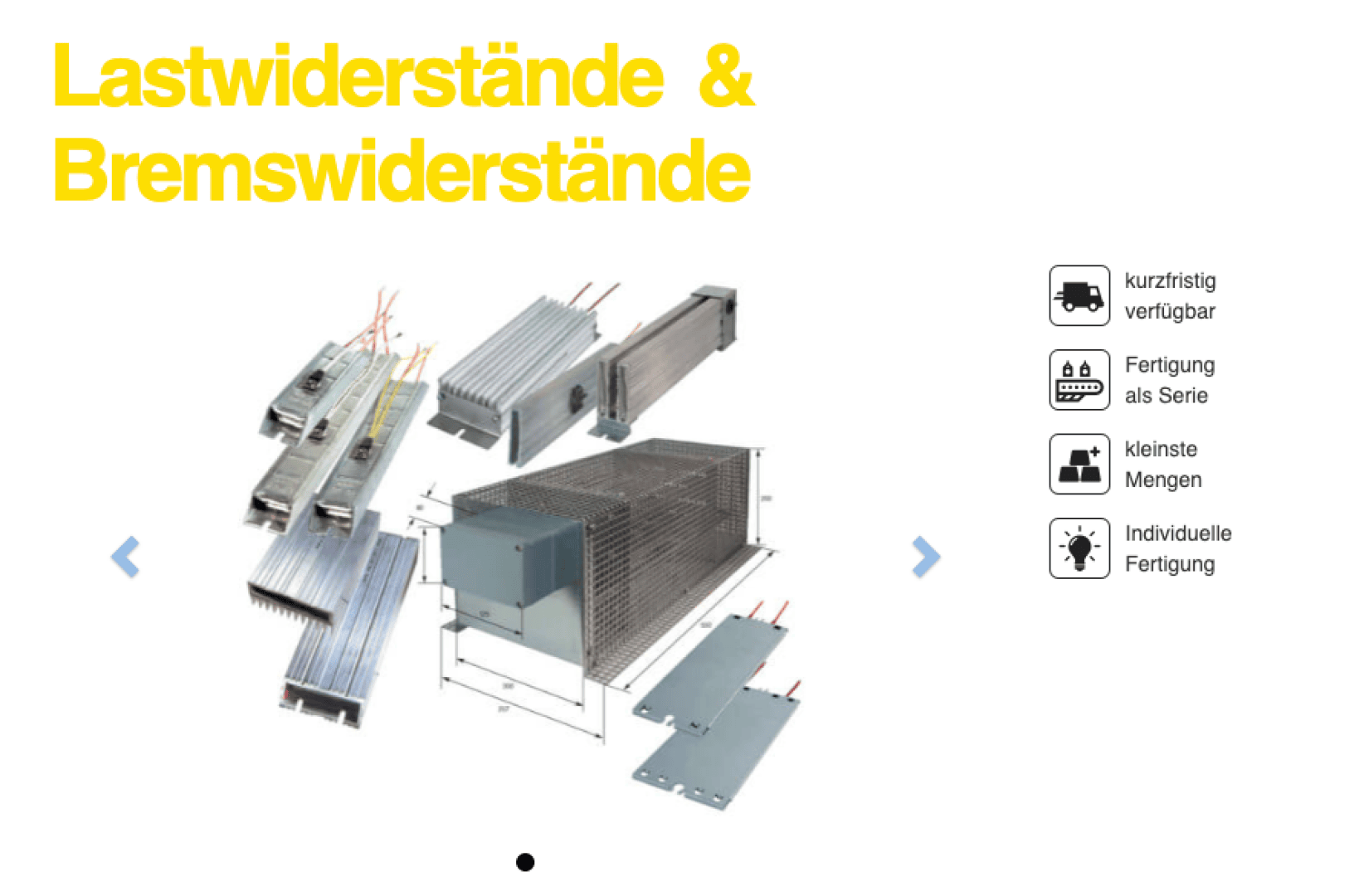 Es werden verschiedene Typen von Industrie- und Bremswiderständen mit dem deutschen Text "Lastwiderstände & Bremswiderstände" angezeigt. Icons weisen auf schnelle Verfügbarkeit, Serienproduktion, kleine Mengen und Sonderanfertigungen hin.
