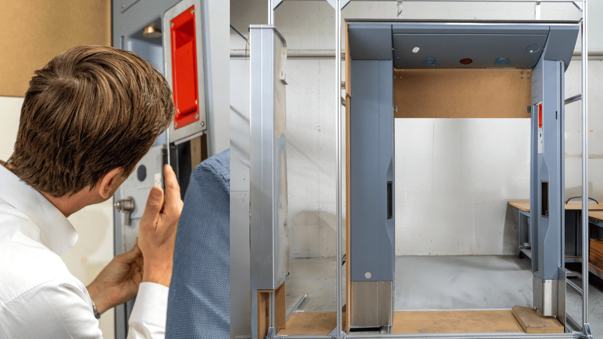 Un homme en chemise blanche surveille ou ajuste une personne qui entre dans un scanner de sécurité praticable gris avec des lumières rouges et bleues dans une zone intérieure propre.