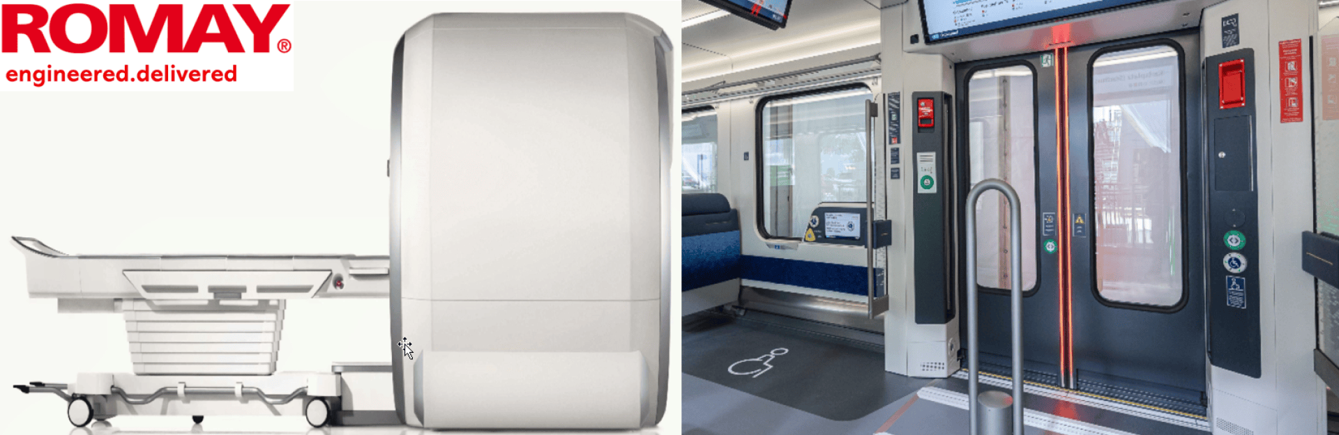 Geteiltes Bild: Links ein modernes weißes Krankenhausbett mit dem ROMAY-Logo darüber. Rechts das Innere eines öffentlichen Verkehrsmittels mit barrierefreien Sitzen und breiten automatischen Türen.