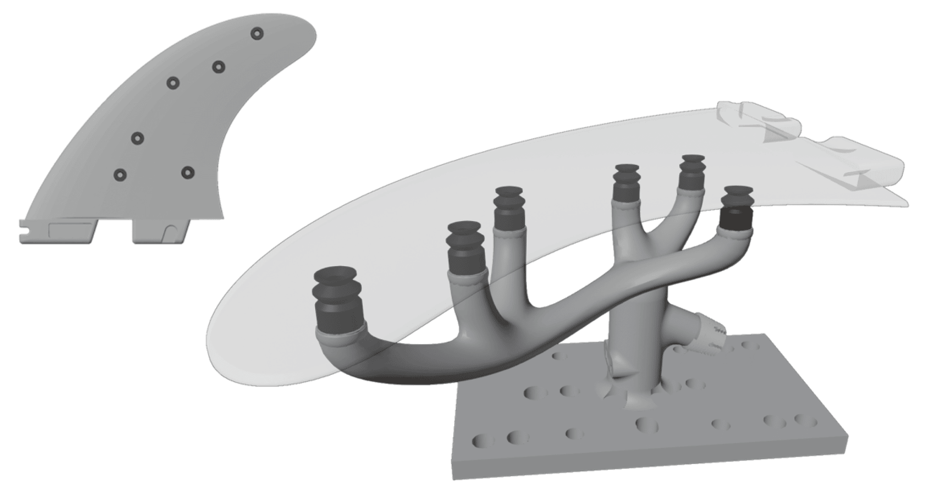 3D-Rendering eines Surfboard-Flossenentwurfs mit einer massiven Flosse auf der linken Seite und einer transparenten Flosse auf der rechten Seite, die von mehreren zylindrischen Strukturen getragen wird, die mit einer rechteckigen Basis verbunden sind.