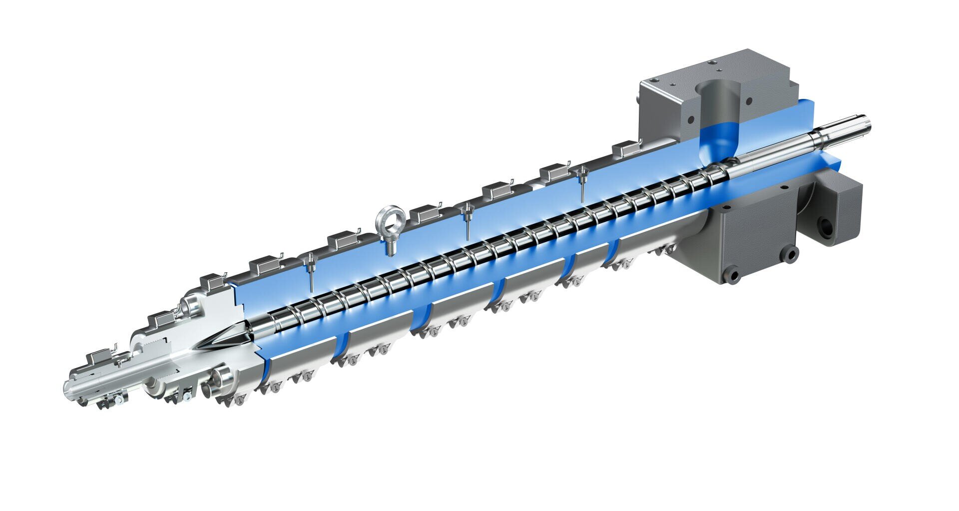 Querschnittsansicht eines industriellen Schneckenextruders, der den Schneckenmechanismus aus Metall in einem zylindrischen Gehäuse zeigt und für die Verarbeitung oder den Transport von Materialien wie Kunststoff oder Gummi verwendet wird.