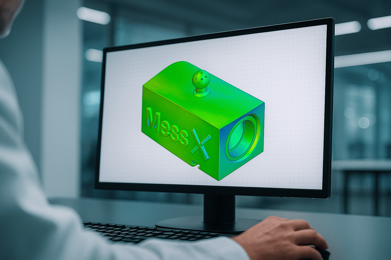 Eine Person an einem Computer betrachtet ein 3D-CAD-Modell einer grünen mechanischen Komponente mit der Bezeichnung MessX auf einem Monitor in einer modernen Büroumgebung.