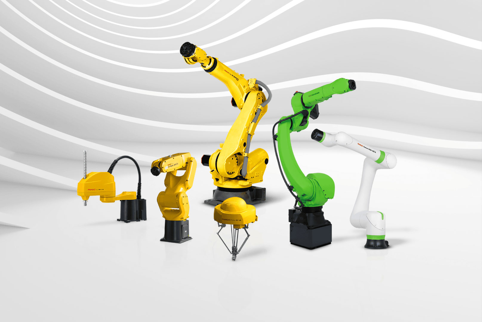 Eine Gruppe von fünf Industrieroboterarmen in gelber, grüner und weißer Farbe auf einem weißen, gewellten, futuristischen Hintergrund. Die Roboter variieren in Größe und Design.