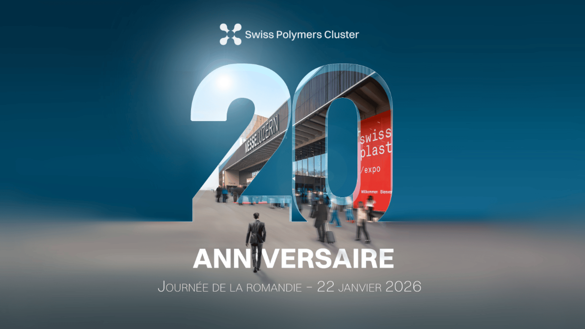 Grand 20 translucide avec des personnes marchant vers un bâtiment moderne étiqueté swiss plastics expo. Le texte en dessous indique ANNIVERSAIRE et Journée de la Romandie - 22 janvier 2026. Logo du Swiss Polymers Cluster en haut.
