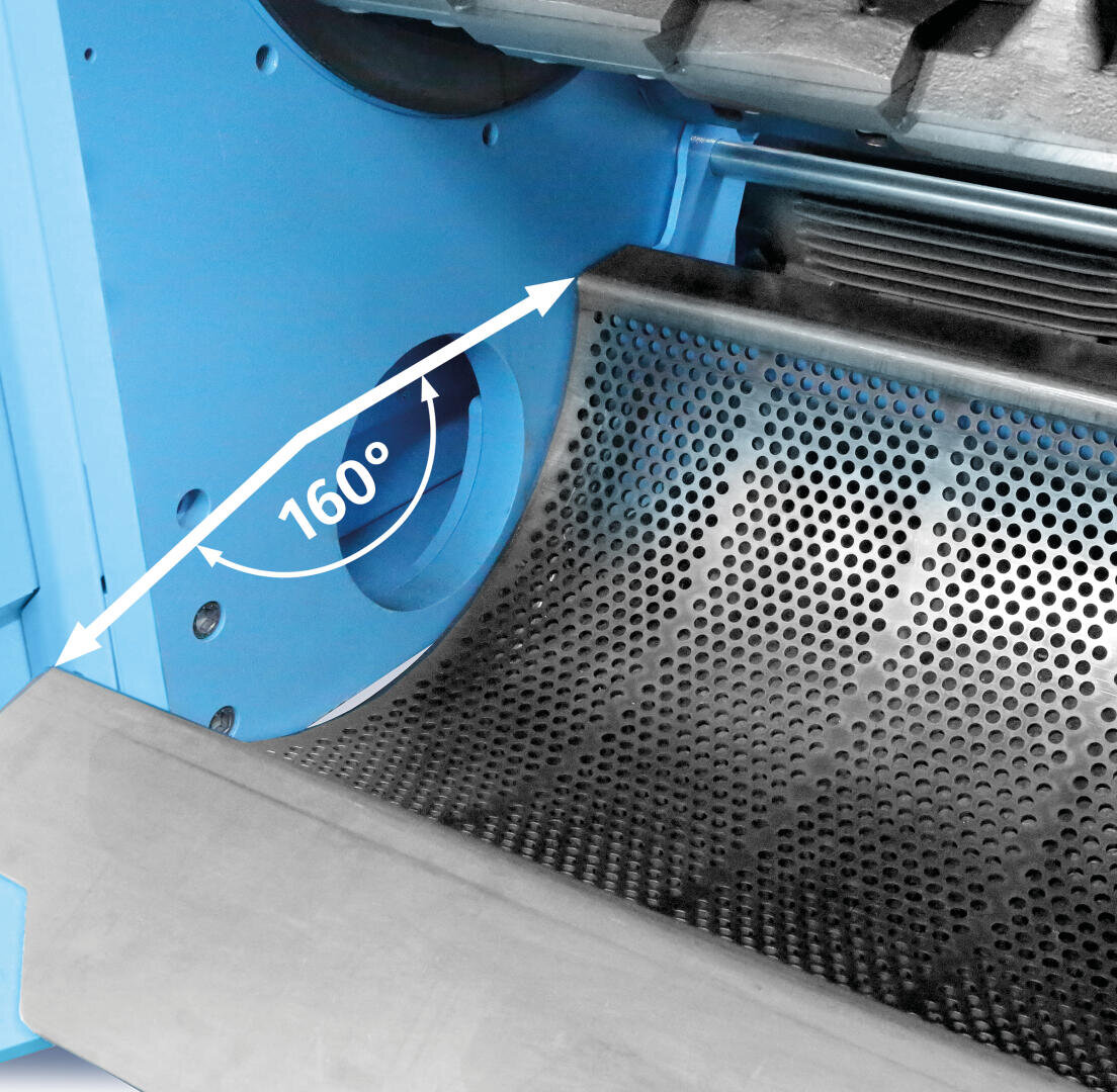 Gros plan sur une machine industrielle bleue avec un tambour métallique perforé et une flèche indiquant un angle de 160° entre deux points sur la surface du tambour.