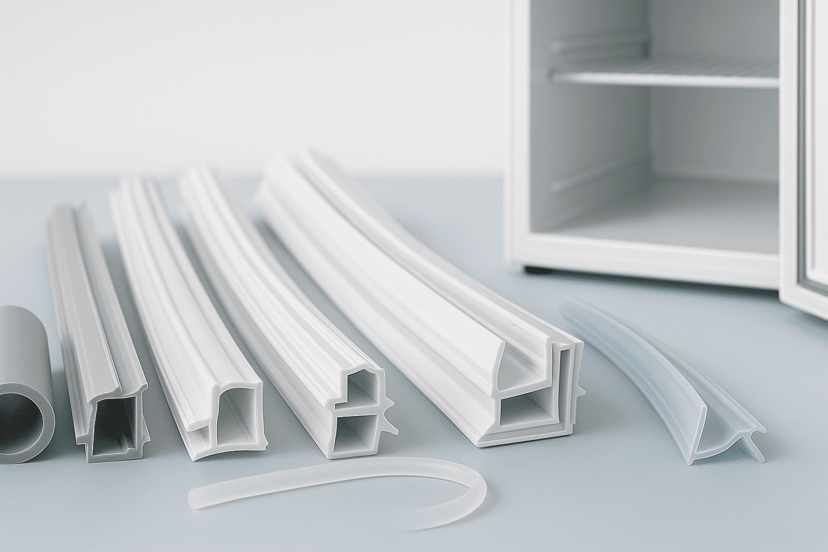 Eine Sammlung von weißen und grauen Kühlschranktürdichtungen ist auf einer hellen Fläche ausgestellt, mit einem offenen Kühlschrank im Hintergrund. Die Dichtungen haben verschiedene Formen und Größen.