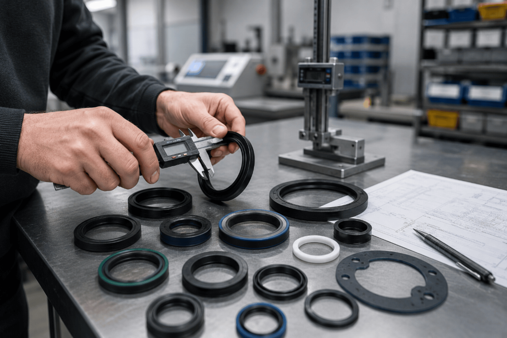 Eine Person misst mit einem digitalen Messschieber ein schwarzes, rundes Maschinenbauteil, das auf einem Tisch liegt, auf dem sich verschiedene andere runde Bauteile, technische Zeichnungen und ein Stift befinden.