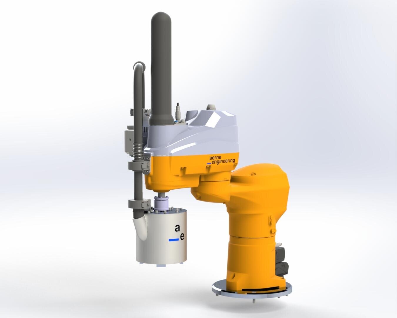Un bras robotique industriel jaune avec un accessoire gris et un outil cylindrique, étiqueté aérotechnique, est placé sur un fond blanc uni.