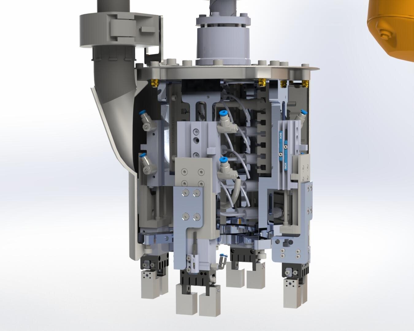 Gros plan sur un préhenseur complexe pour l'automatisation robotique, avec les composants mécaniques, les capteurs et le câblage exposés, illustrant la complexité de la structure interne et des pièces.