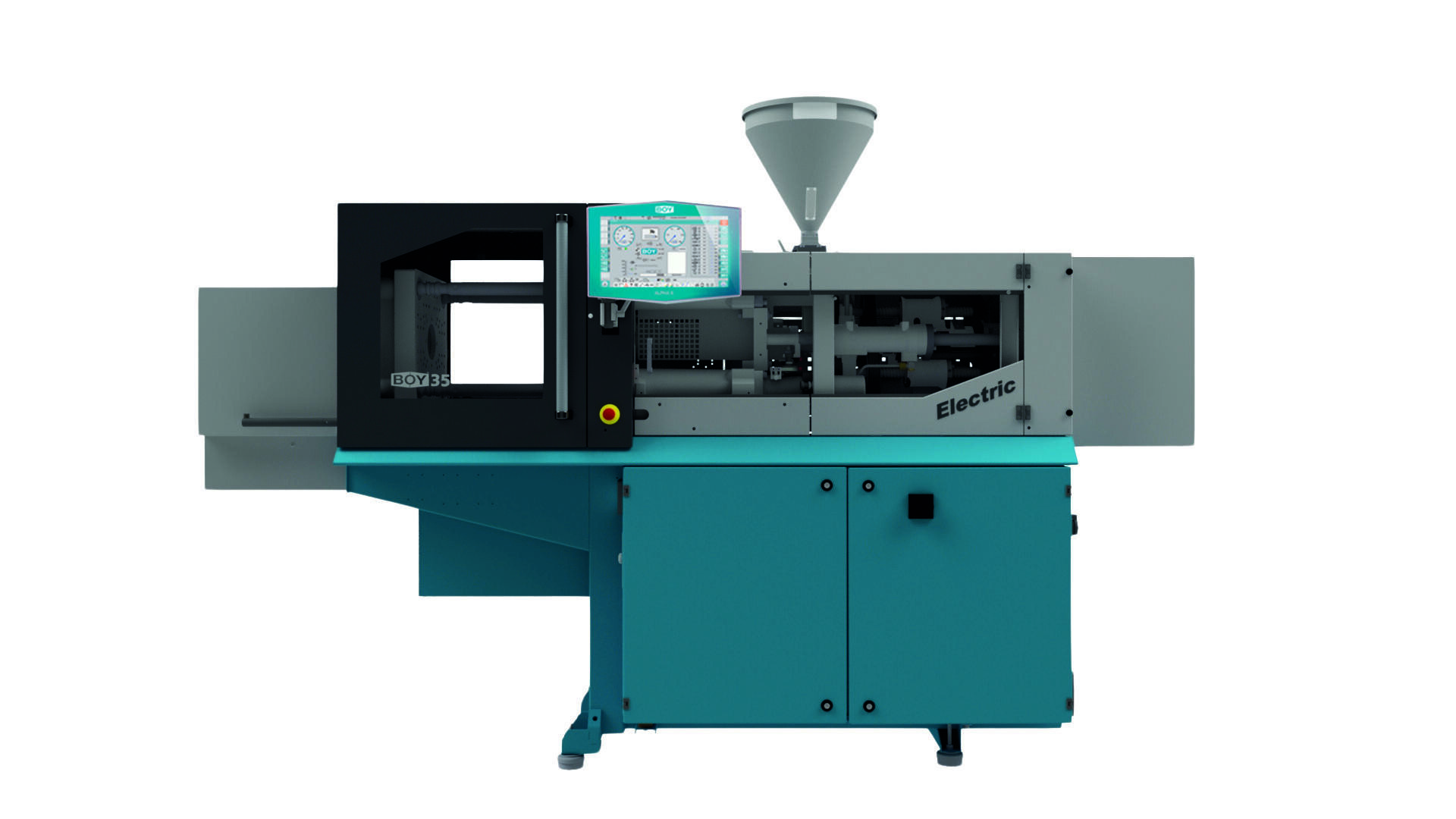Eine türkisfarbene und graue industrielle Spritzgießmaschine mit einem Bedienfeld, einem transparenten Sichtfenster und einem Materialtrichter auf der Oberseite vor einem weißen Hintergrund.