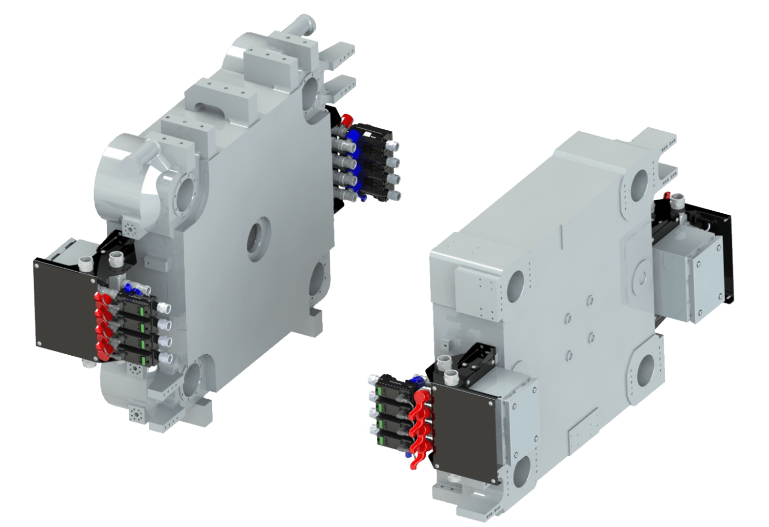 3D-Rendering von zwei großen, rechteckigen mechanischen Industriekomponenten mit mehreren Ventilen, Anschlüssen und farbigen Armaturen, die an schwarzen Platten an den Seiten angebracht sind. Beide sind grau und scheinen Teil einer größeren Maschine zu sein.